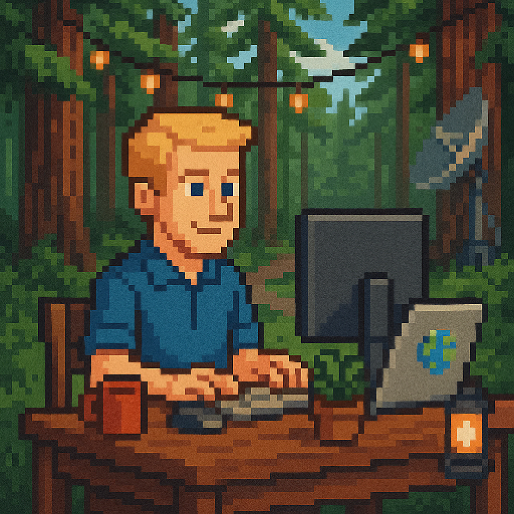 Pixel art of Bob working at desk